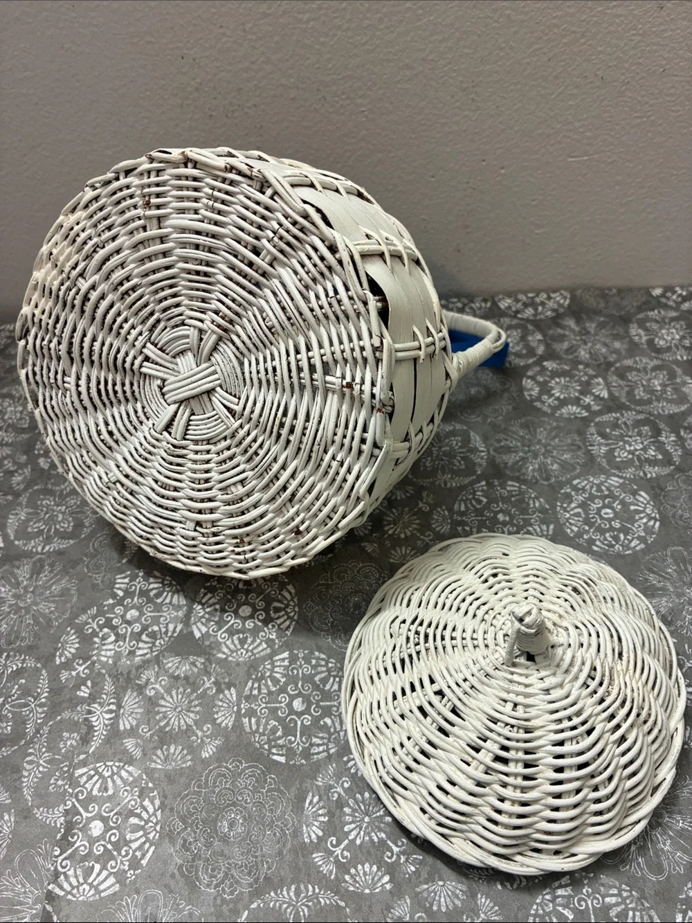 White Wicker Teapot Basket with Blue Ribbon Accents